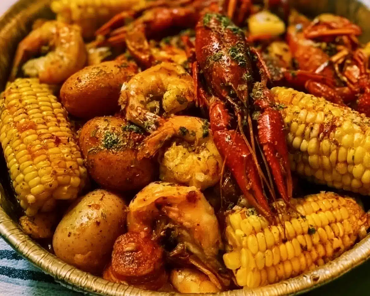 Delicious Cajun seafood boil featuring shrimp, crab, and spices served on a table