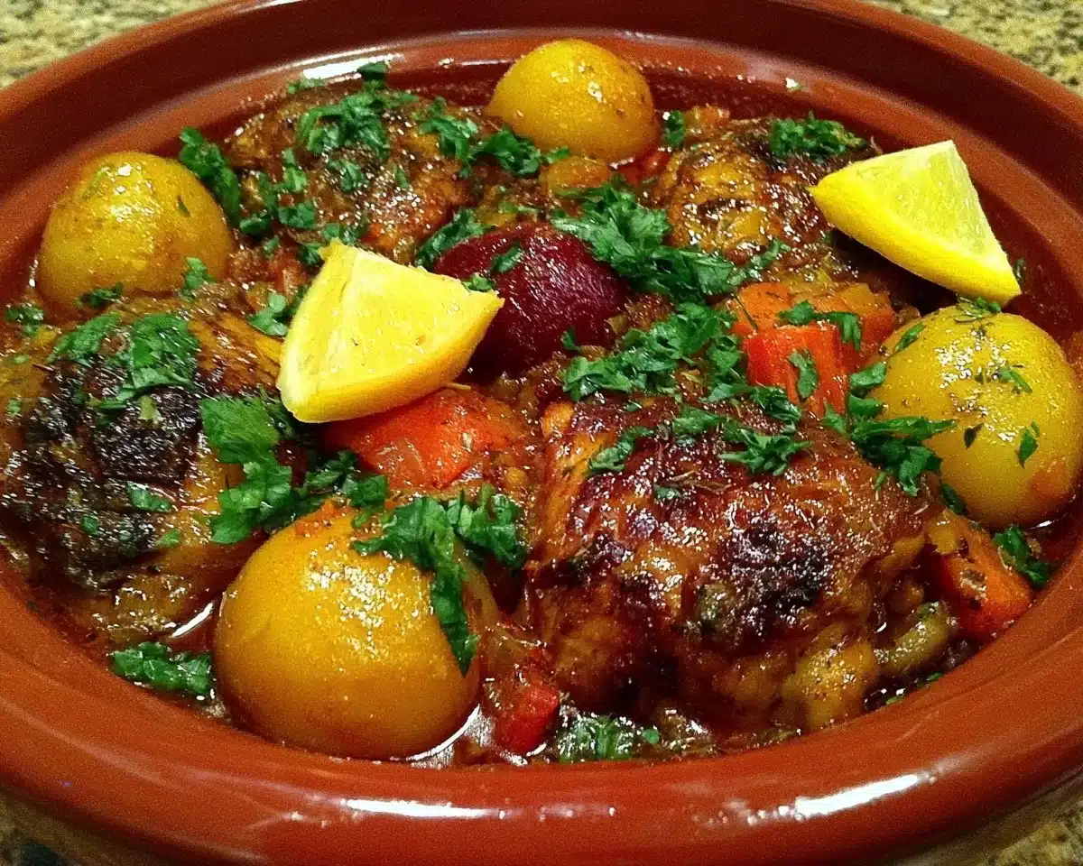 Delicious One-Pot Moroccan Chicken Tagine with vibrant spices and vegetables