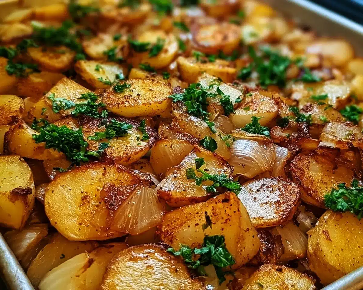 Plate of golden oven fried potatoes and onions garnished with herbs
