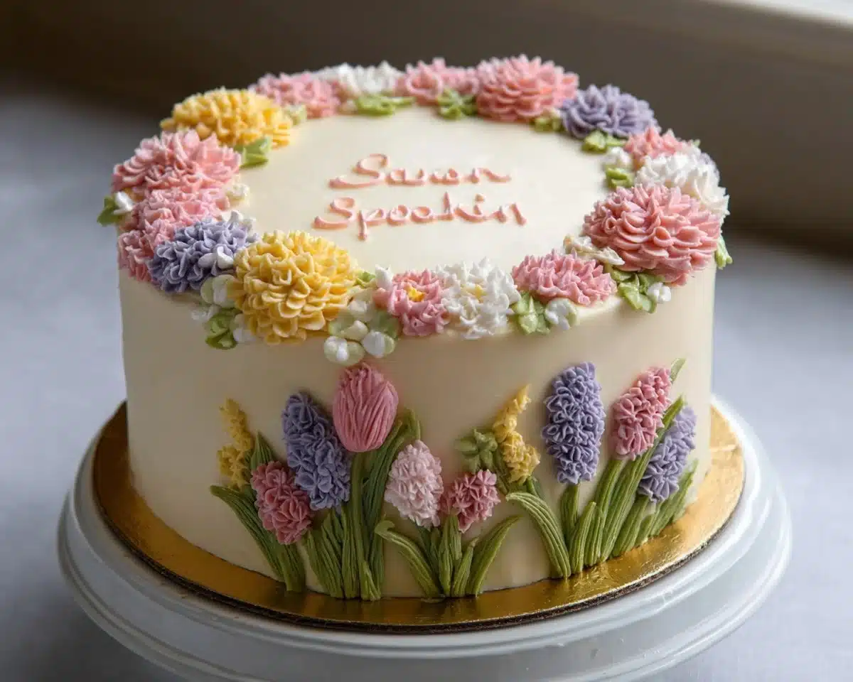 Beautifully decorated buttercream cake for spring celebration