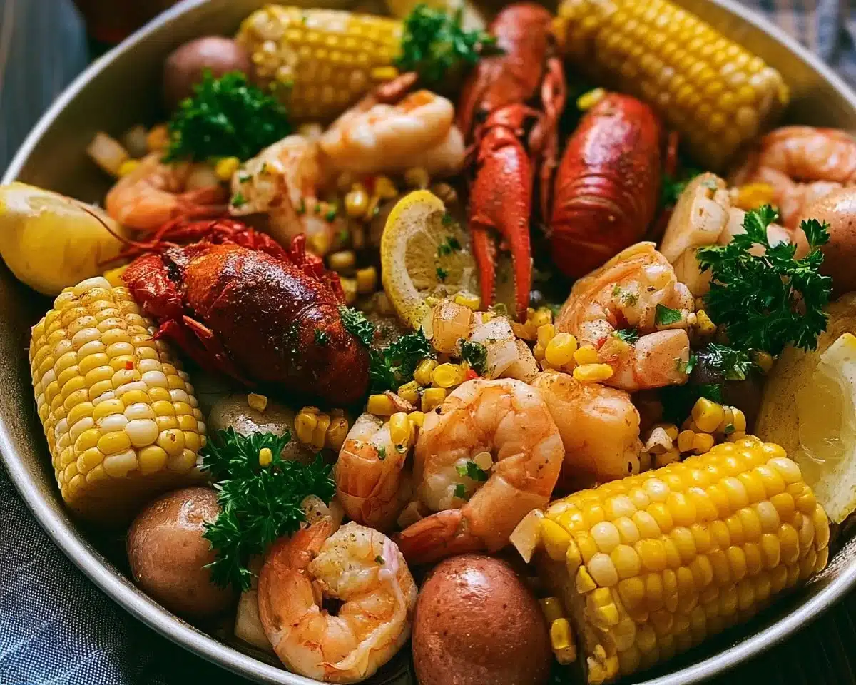 Delicious quick and easy seafood boil recipe with shrimp, crab, and corn.