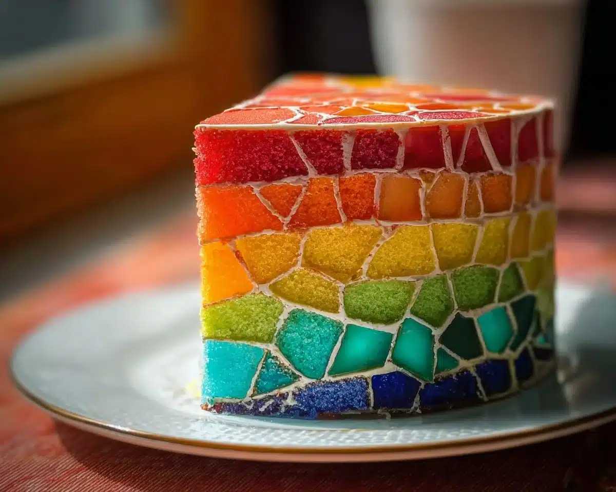 Colorful layers of a delicious rainbow cake ready to be enjoyed.