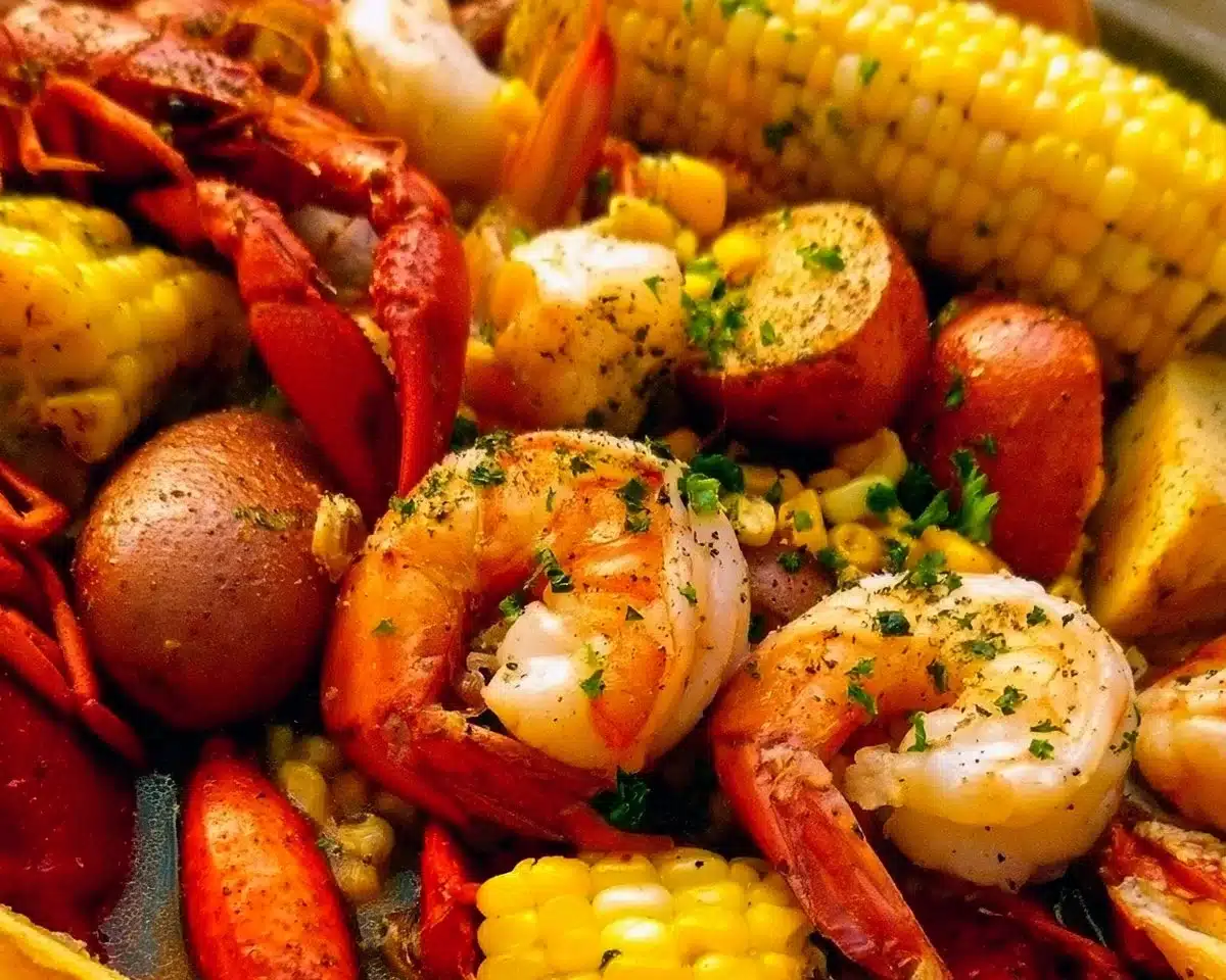 A colorful seafood boil with shrimp, crab, corn, and potatoes served in a large pot.