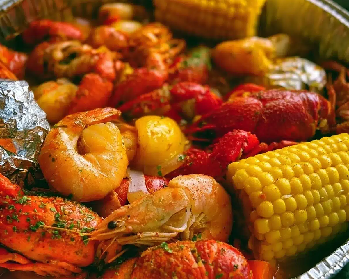Delicious seafood boil with shrimp, crab, and clams on a platter