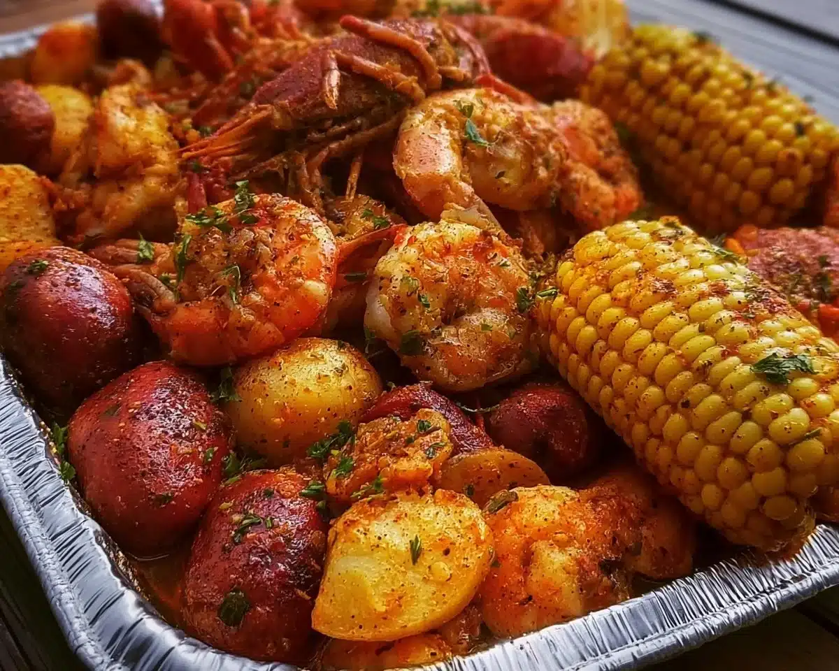 Delicious seafood boil platter featuring shrimp, crab, and clams on a table.
