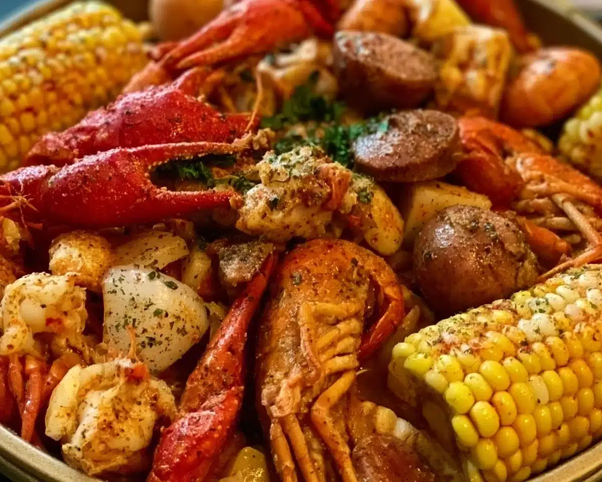 Delicious seafood boil with Cajun butter sauce served in a large pot.