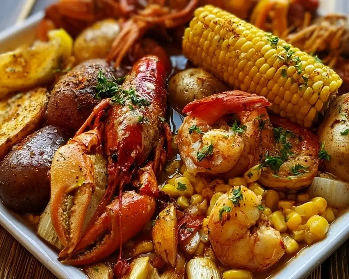 Delicious seafood boil with shrimp, crab, and Old Bay seasoning.