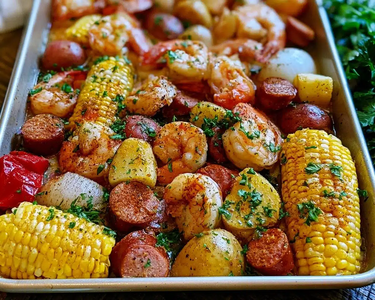 Sheet Pan Shrimp Boil with shrimp, corn, and potatoes on a baking tray.
