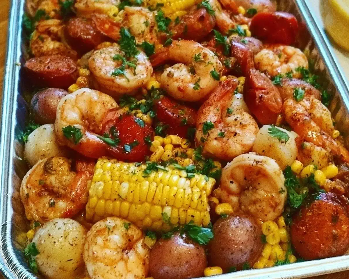 A vibrant shrimp boil with spices, potatoes, and corn served in a large pot.