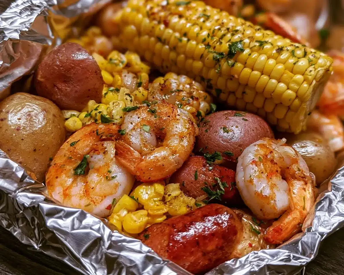 Shrimp boil foil packets ready to cook for a flavorful meal