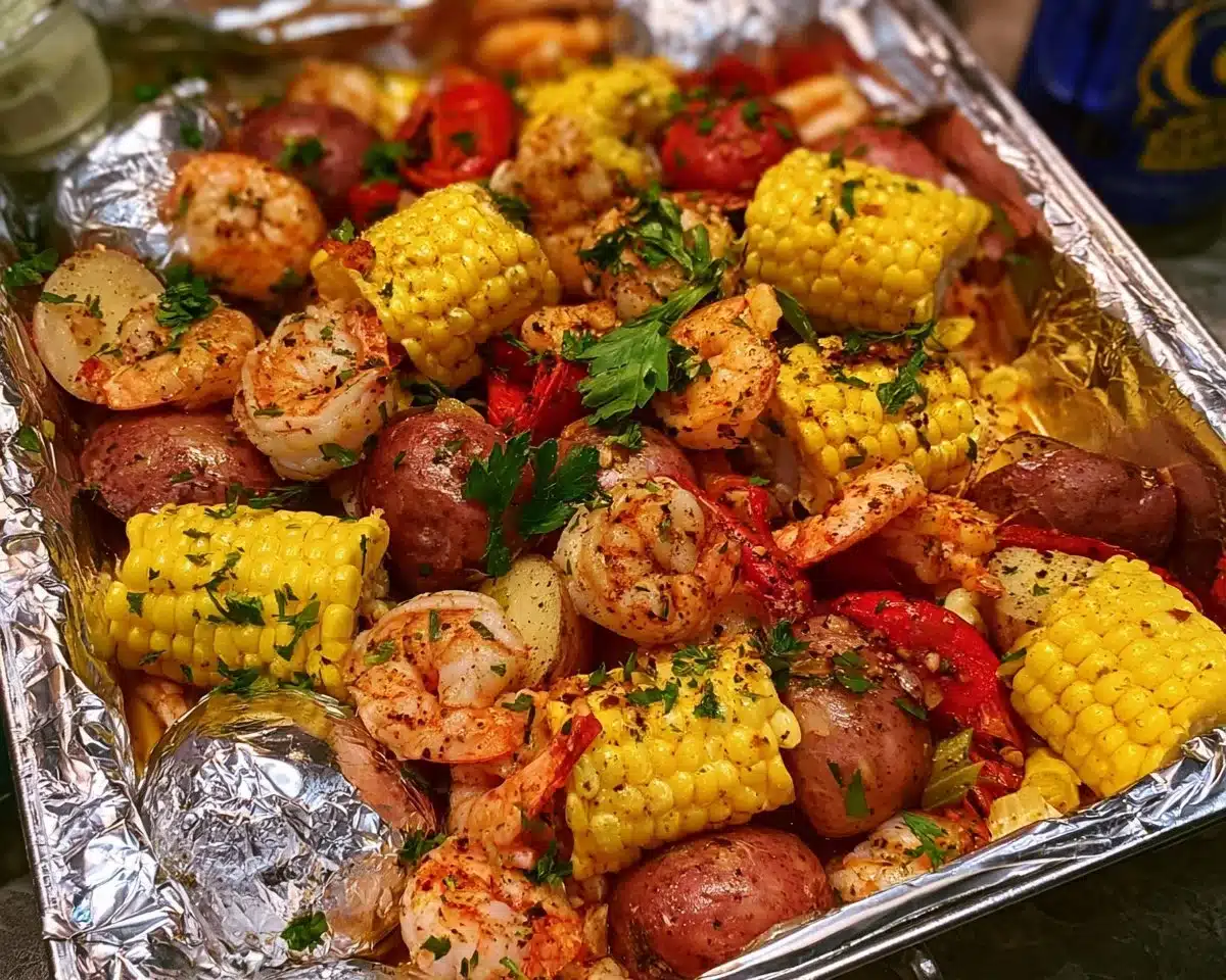 Shrimp boil foil packs loaded with shrimp, corn, potatoes, and spices