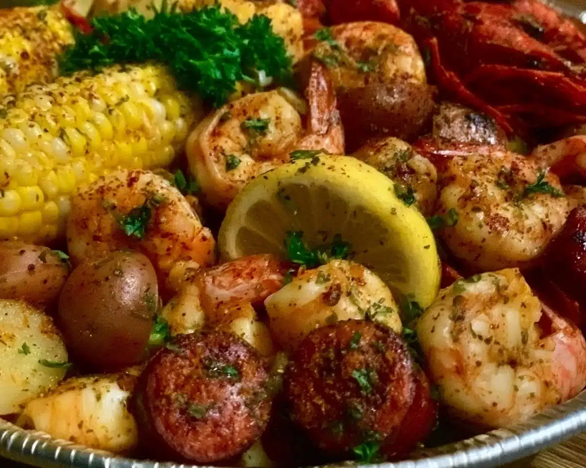 Delicious shrimp boil with Cajun garlic butter served on a festive table