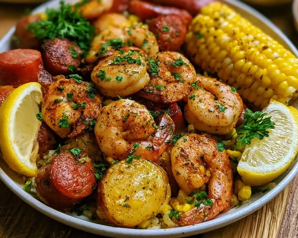 A vibrant Low Country shrimp boil featuring shrimp, potatoes, corn, and spices.