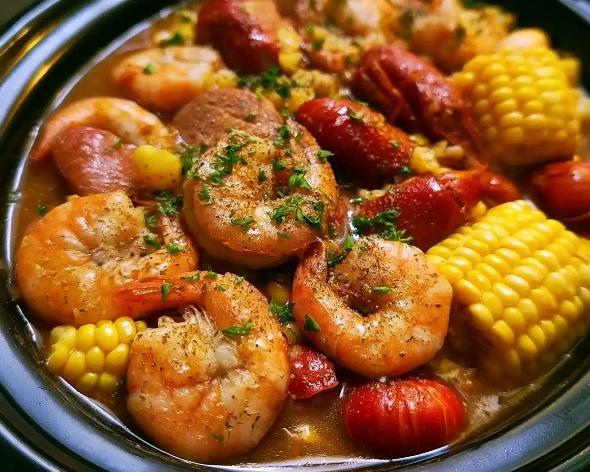 A slow cooker shrimp boil with shrimp, potatoes, and corn ready to serve.