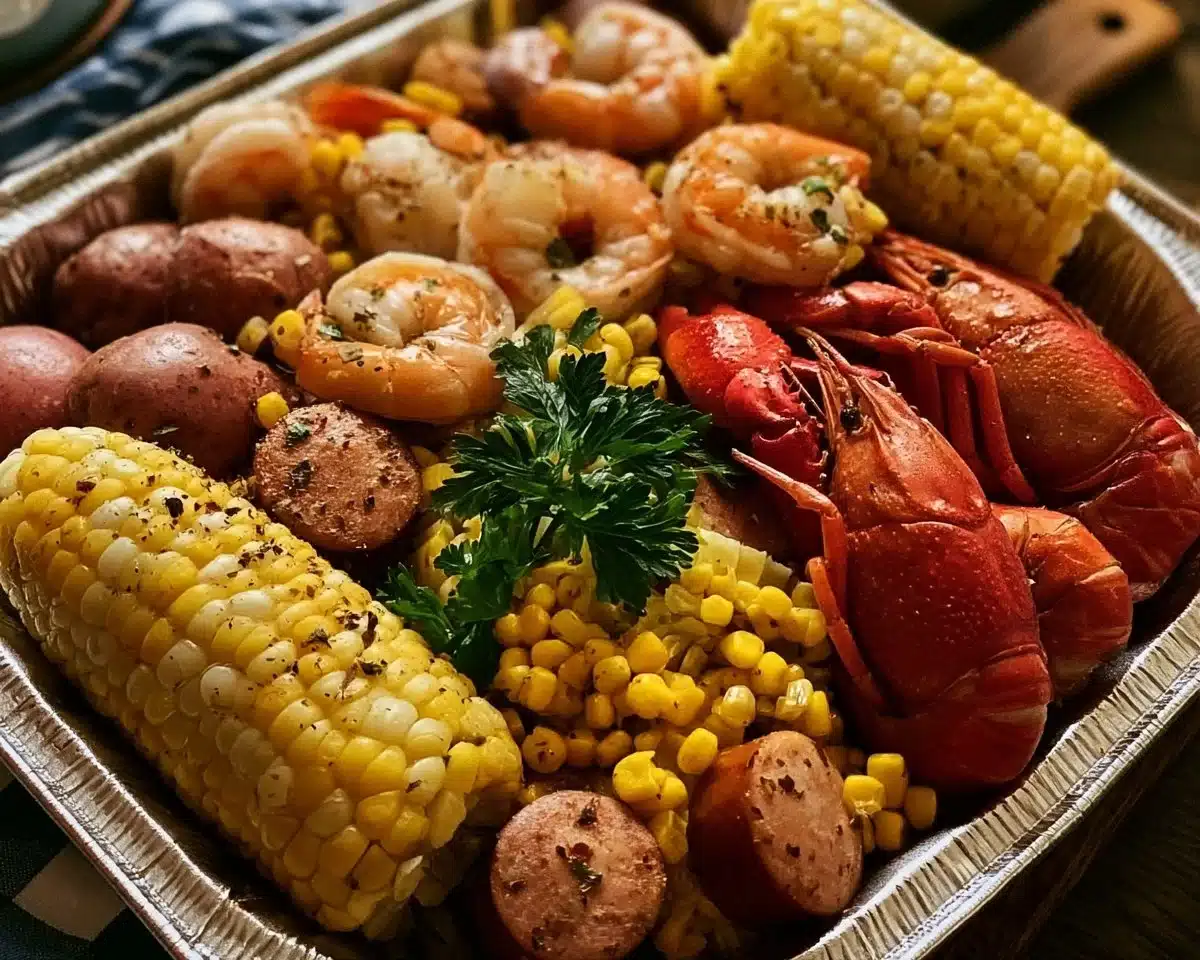 Small batch seafood boil for two featuring shrimp, crab, and spices.