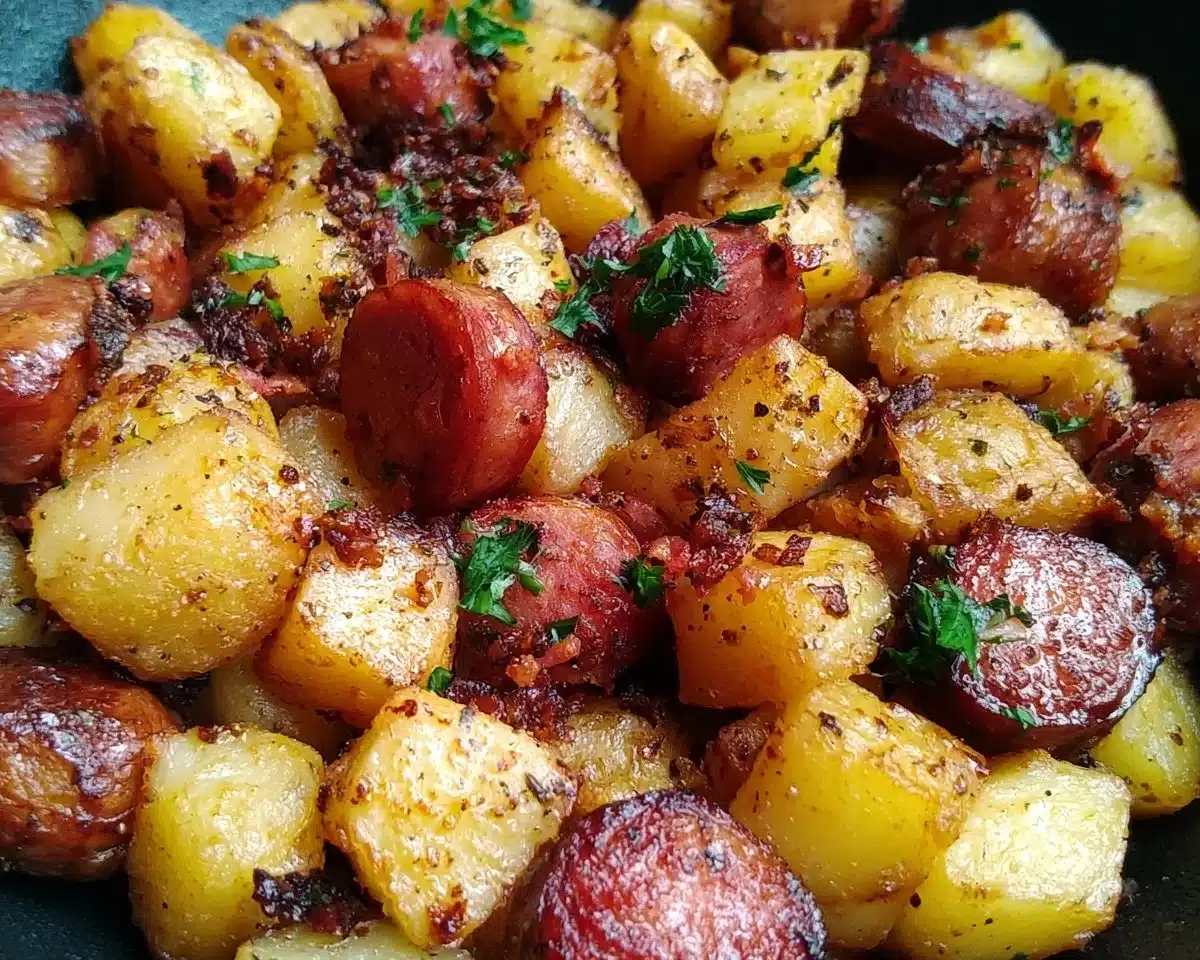 Southern fried potatoes and sausage on a plate, garnished and ready to serve.