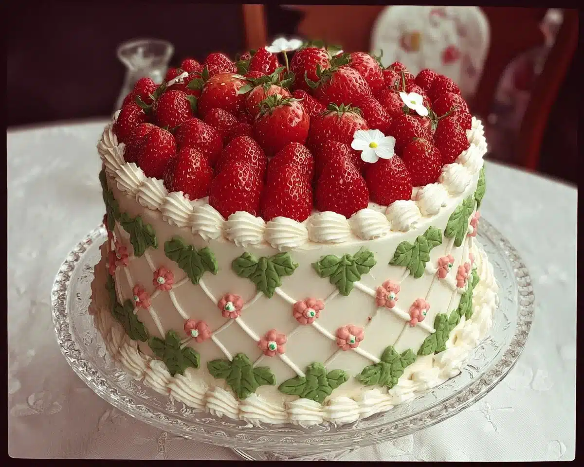 Delicious Strawberry Garden Cake topped with fresh strawberries and whipped cream