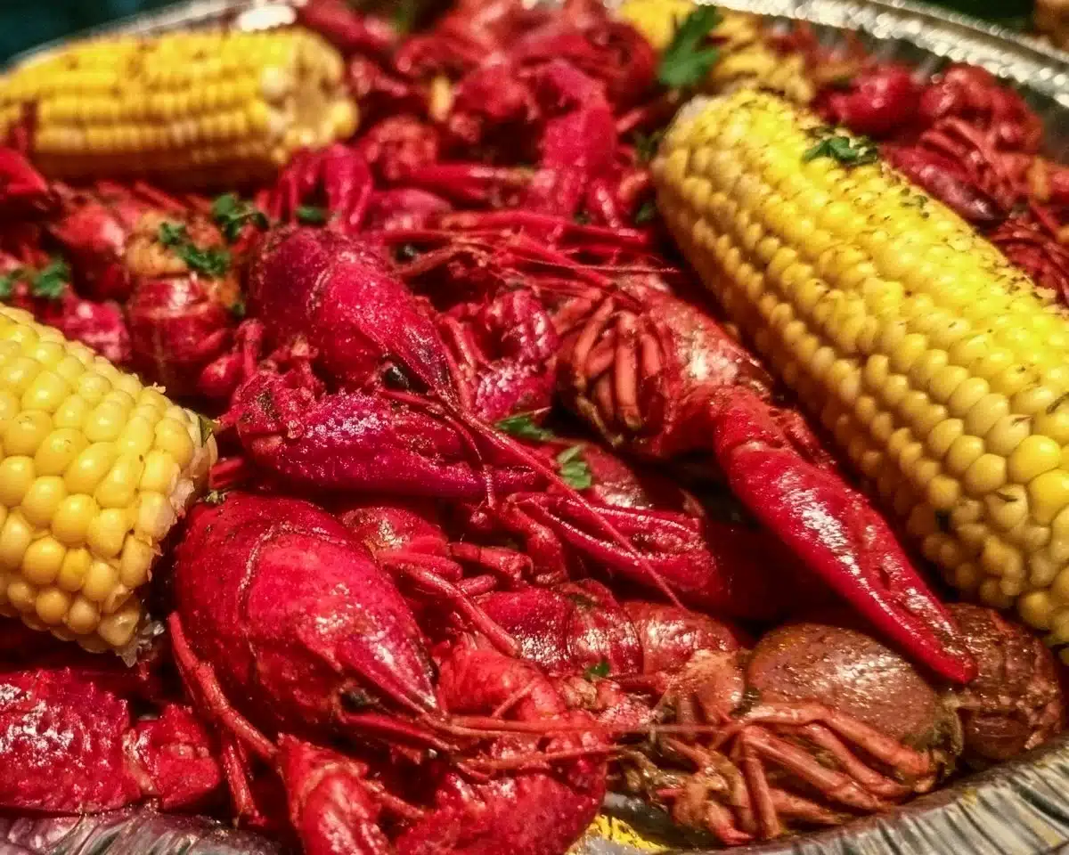 Delicious crawfish boil featuring spices and vegetables in a large pot