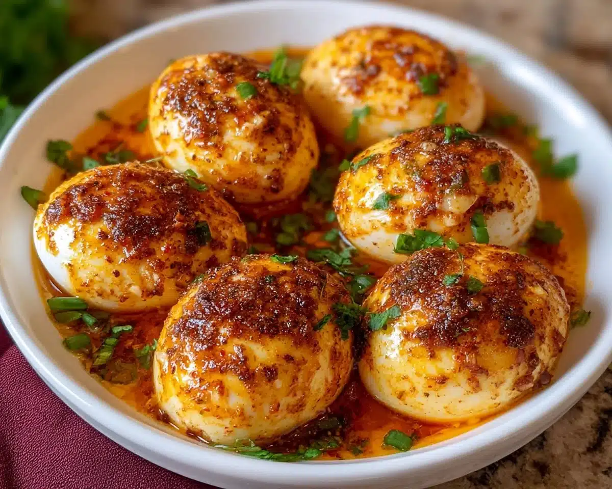Viral egg boil recipe featuring hard-boiled eggs with seafood boil sauce.