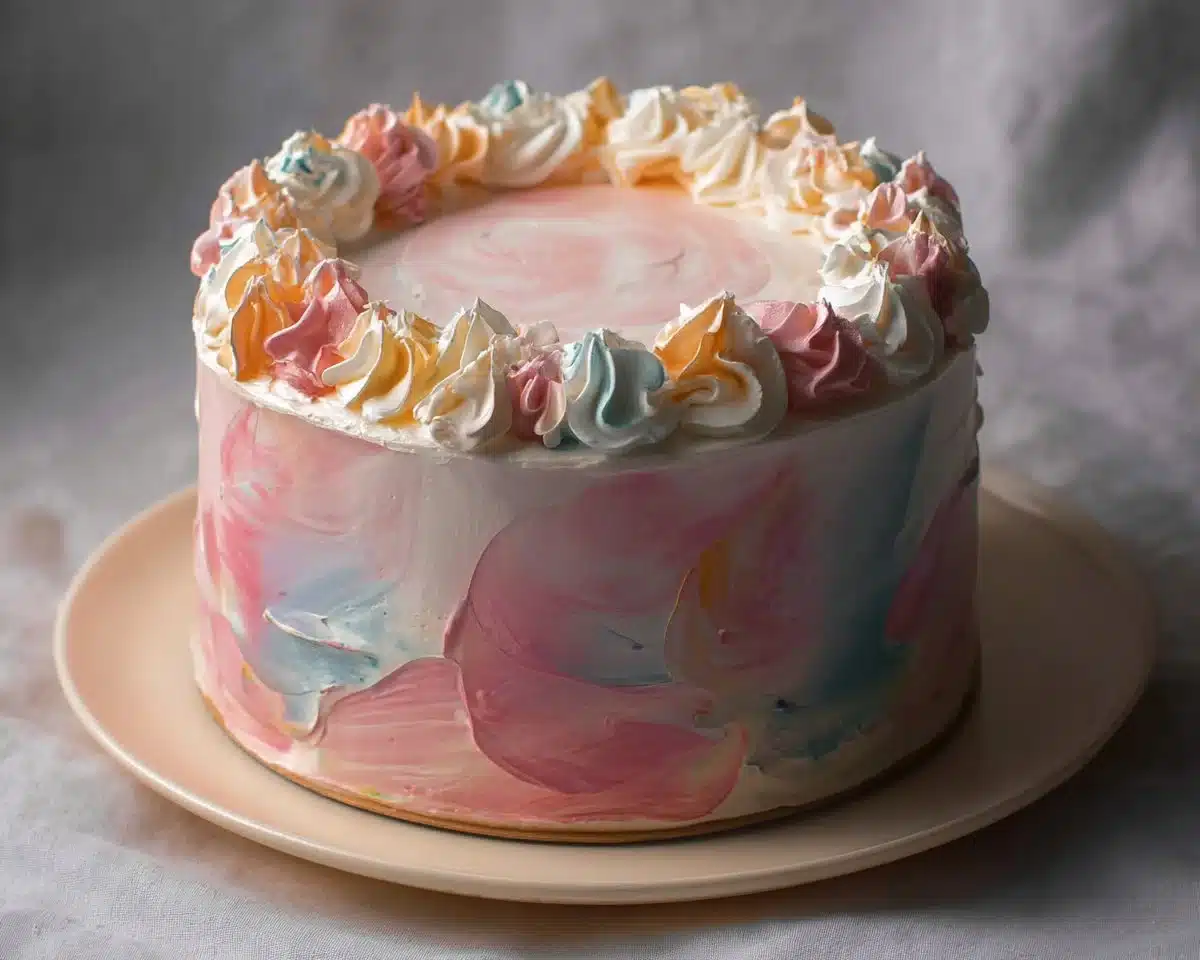 Beautiful watercolor cake decorated with vibrant buttercream frosting.