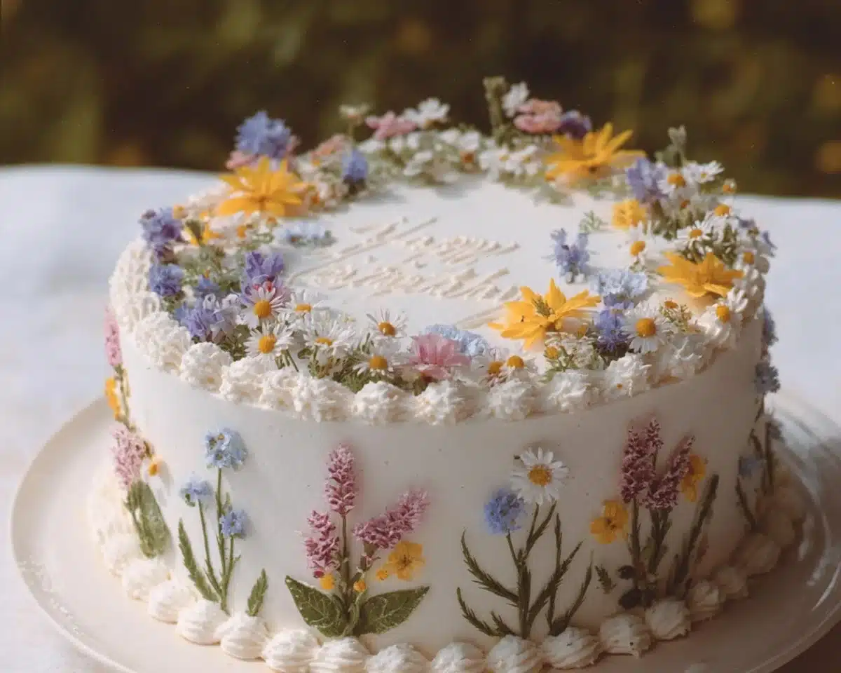 Wildflower birthday cake adorned with vibrant edible flowers and frosting.