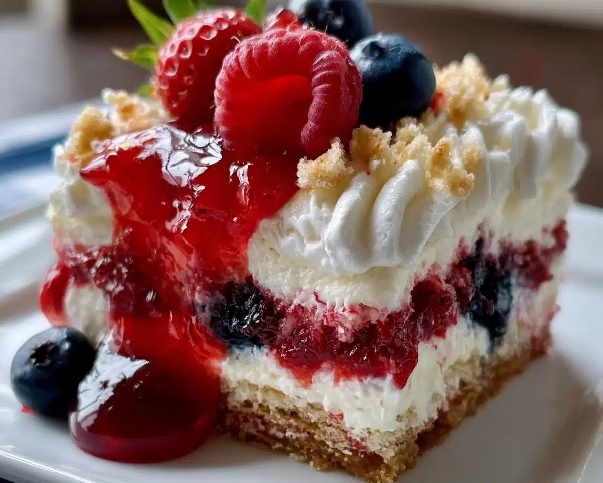 4th of July dessert lasagna with red, white, and blue layers on a festive table