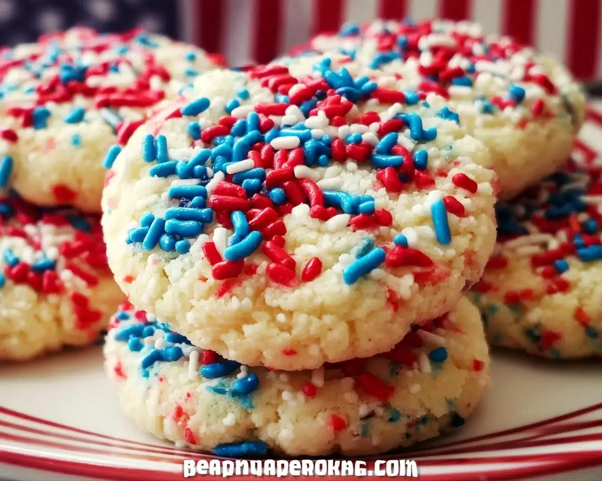 4th of July sprinkle cake mix cookies decorated with festive sprinkles