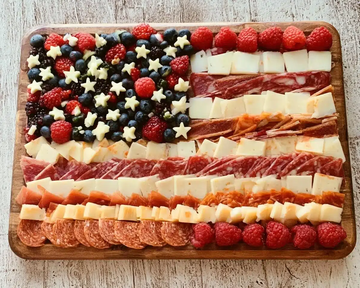 American Flag Charcuterie Board featuring meats, cheeses, and fruits arranged in flag design.