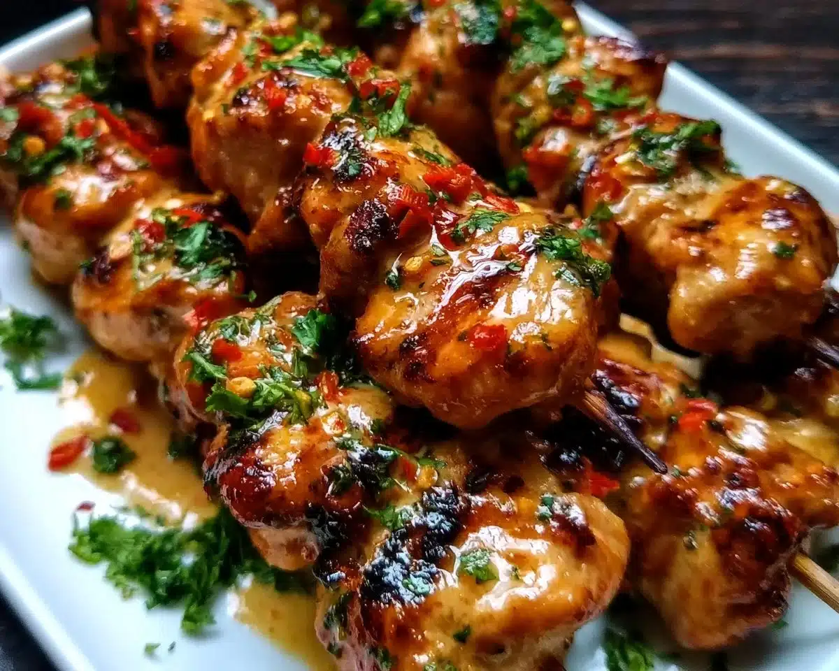 Delicious Bang Bang Chicken Skewers plated with dipping sauce