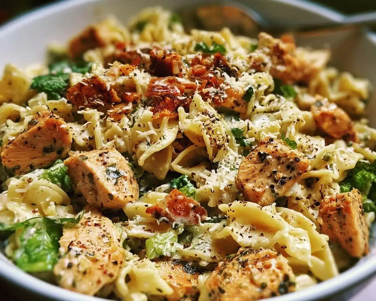 Delicious Chicken Caesar Pasta Salad with grilled chicken and romaine lettuce