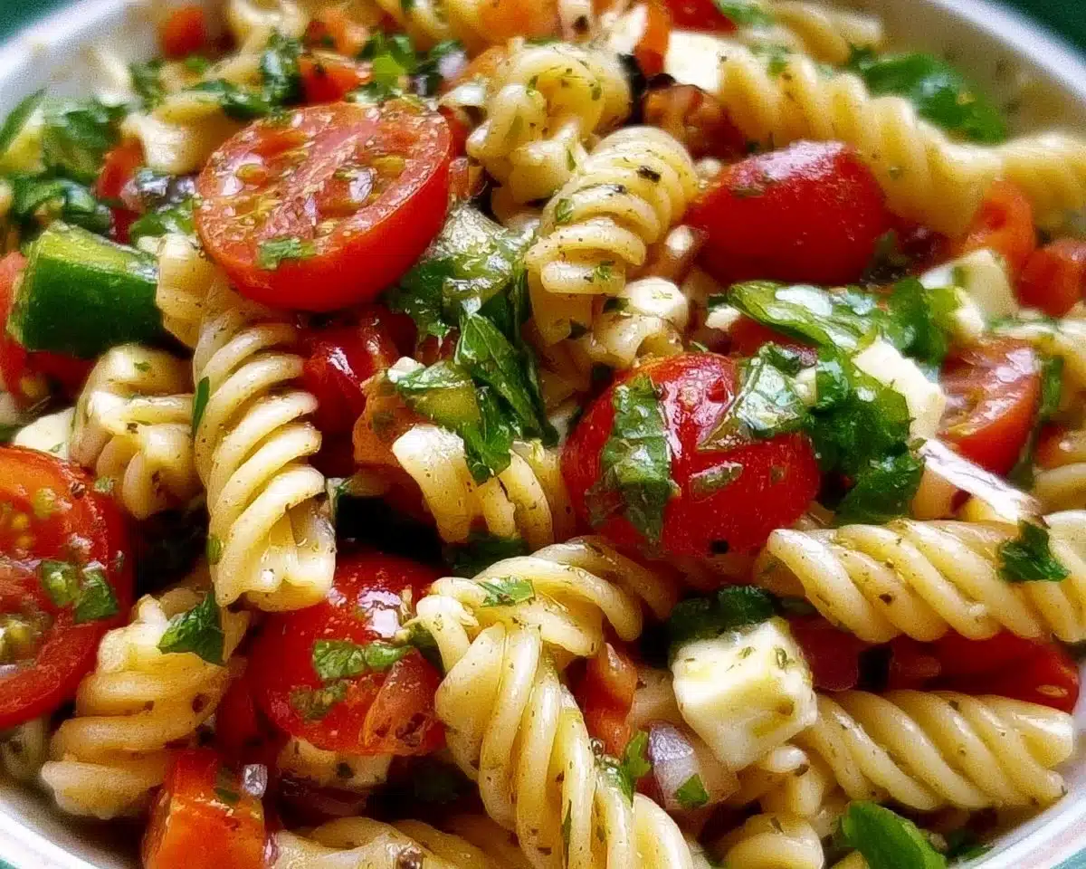 Cold summer pasta salad with vegetables and dressing