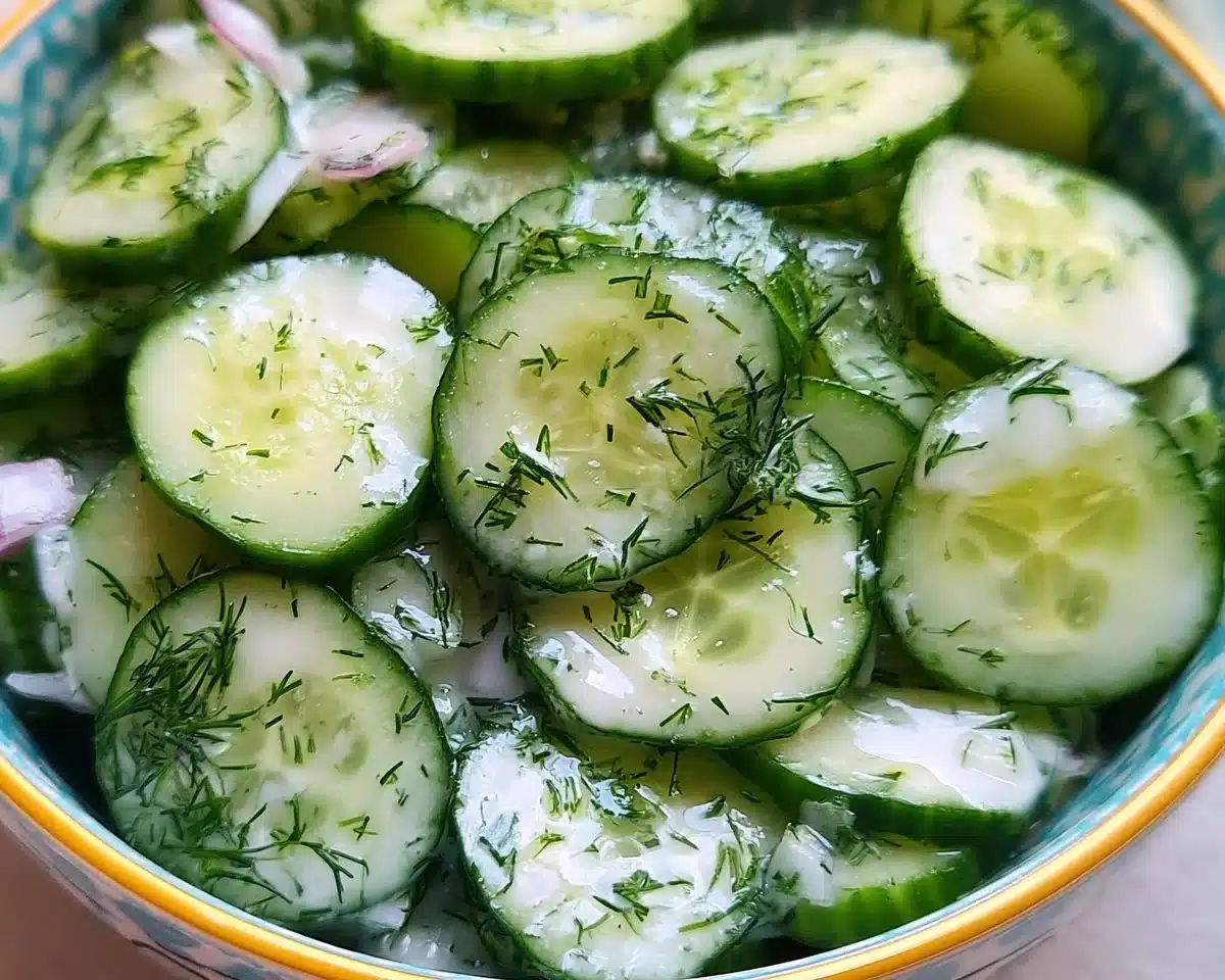 Fresh Cucumber Dill Salad with cucumber slices and dill leaves on a plate.