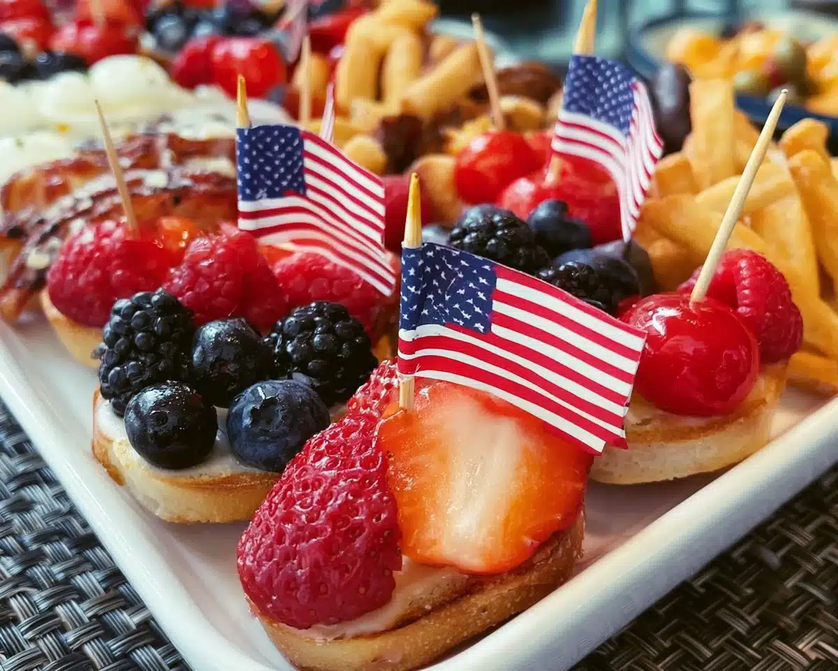 A plate of colorful July appetizers for Fourth of July festivities.