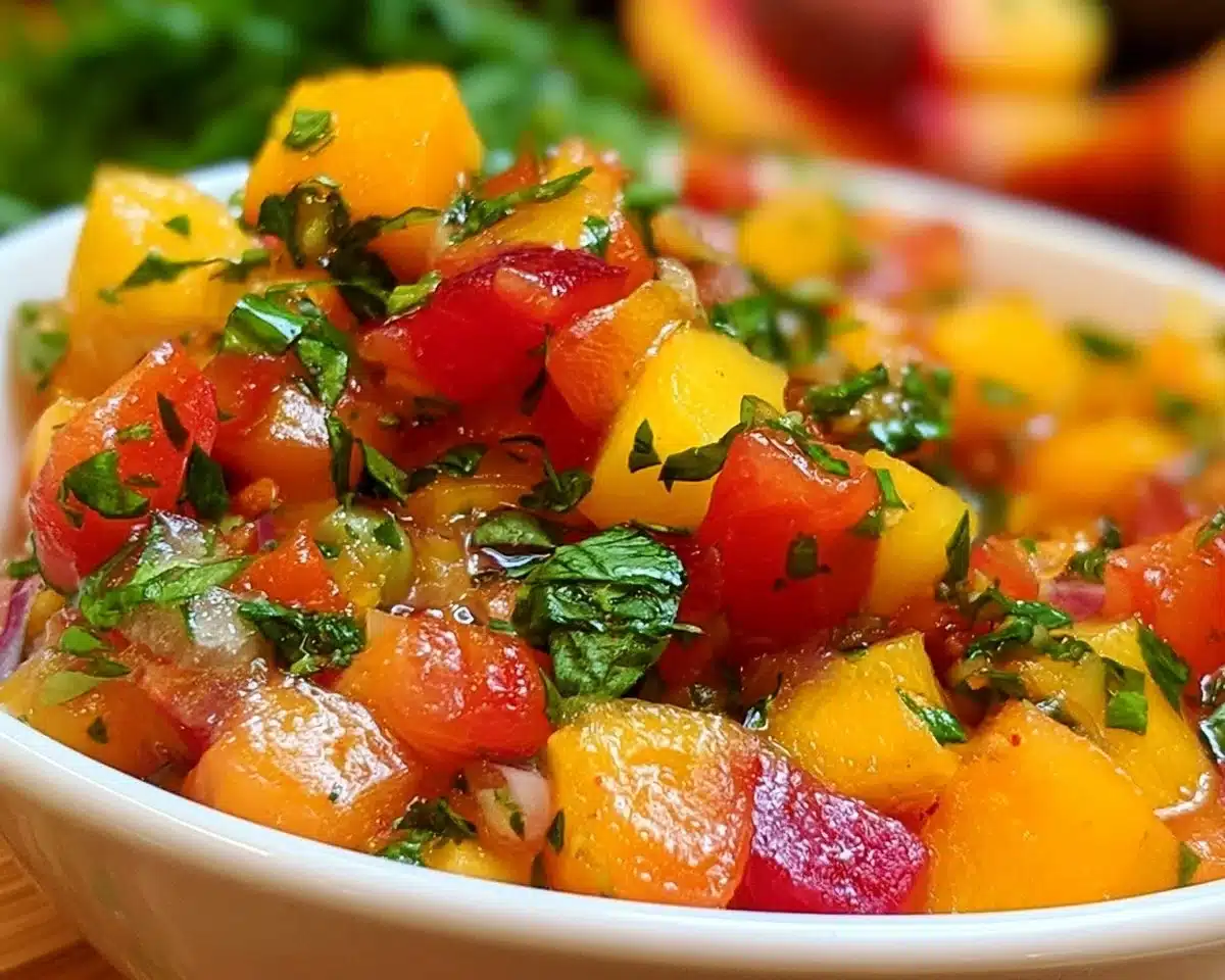 Fresh peach salsa served in a bowl with tortilla chips