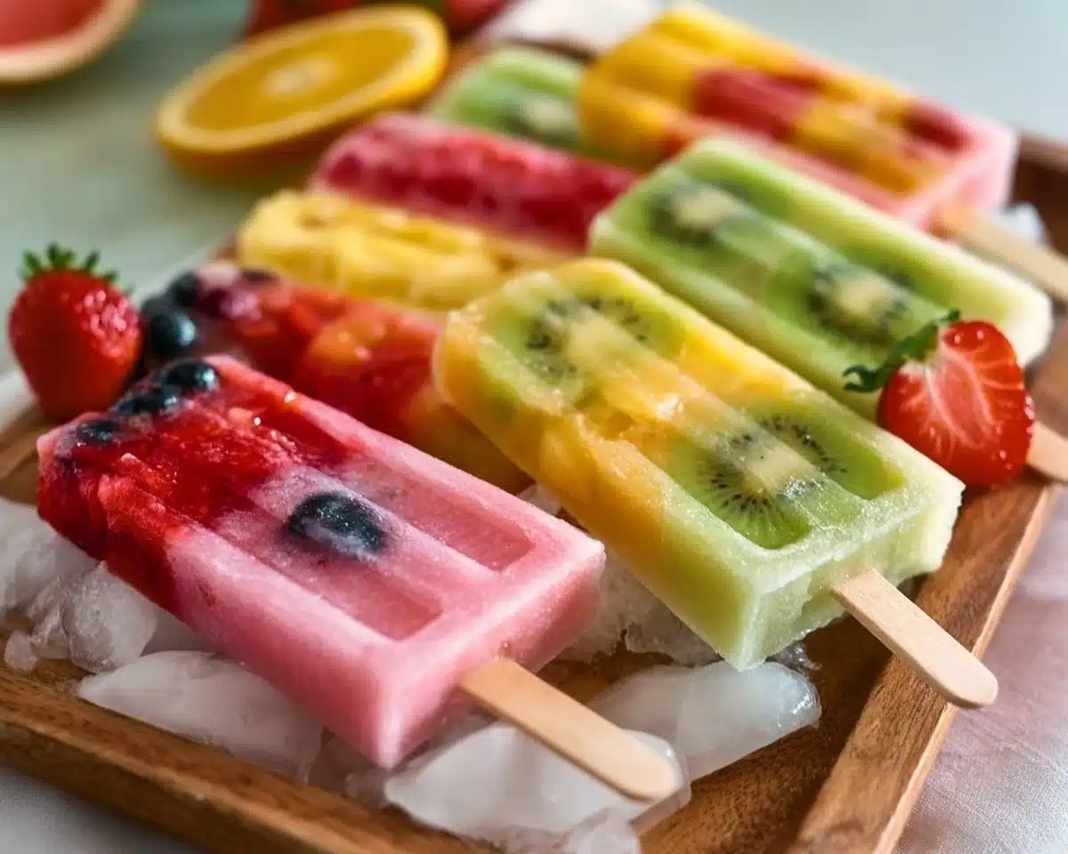 Colorful fruit popsicles made from fresh fruits in a sunny outdoor setting.