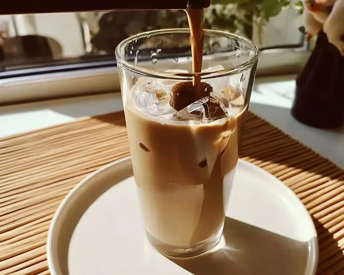 Iced Maple Hojicha Latte served in a glass with ice and maple syrup drizzle