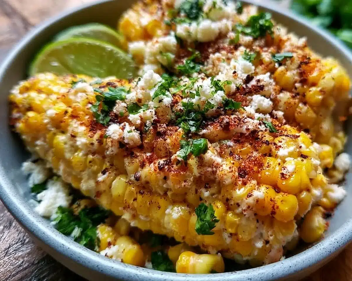 Delicious Mexican street corn topped with cheese and spices on a grill