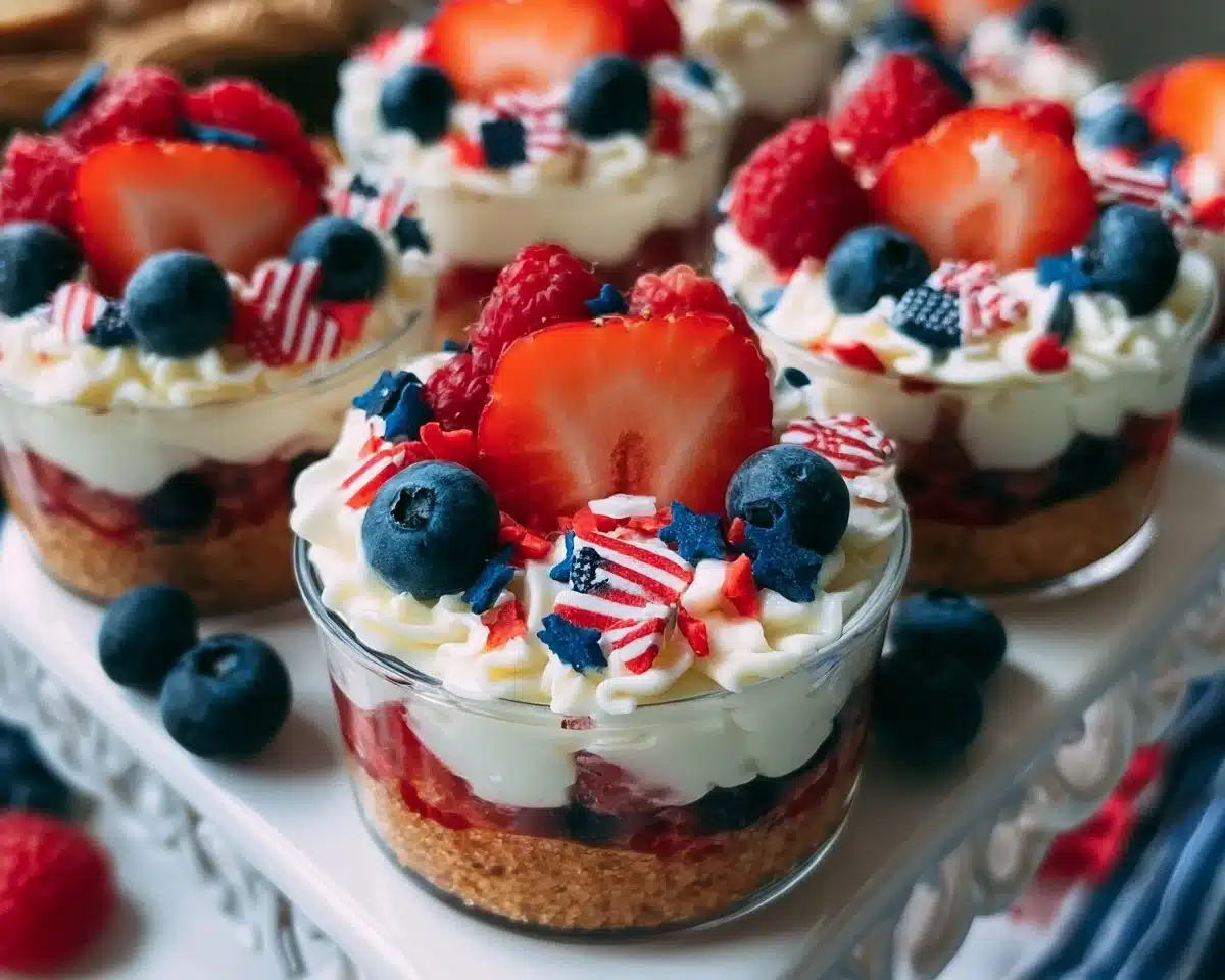 Colorful no-bake Fourth of July desserts with berries and cream.