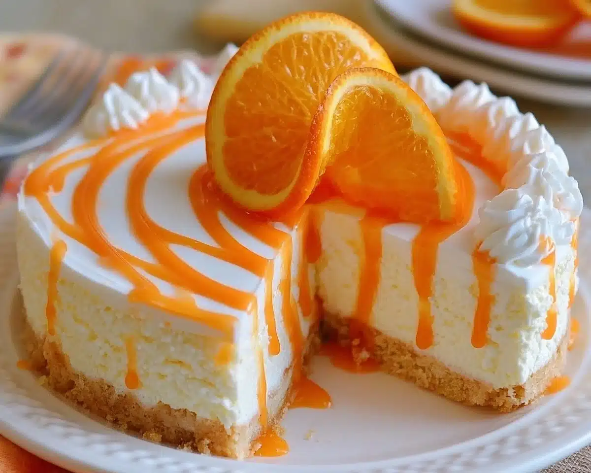Delicious no-bake orange creamsicle cheesecake slice on a plate