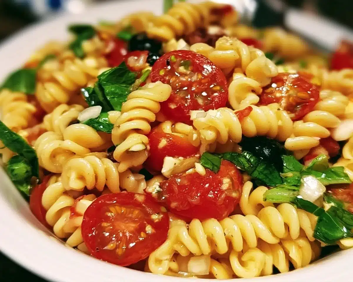 Colorful and fresh pasta salad with vegetables and dressing in a bowl