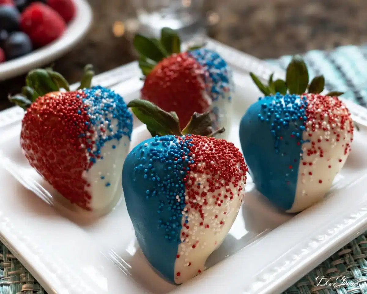 Patriotic chocolate covered strawberries decorated with red, white, and blue sprinkles