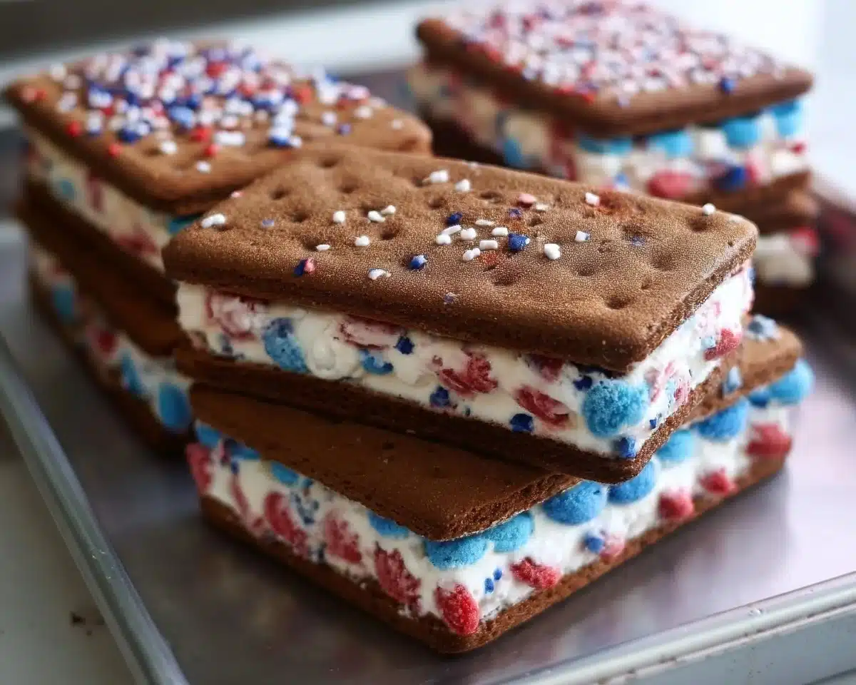 Patriotic ice cream sandwiches featuring red, white, and blue colors.