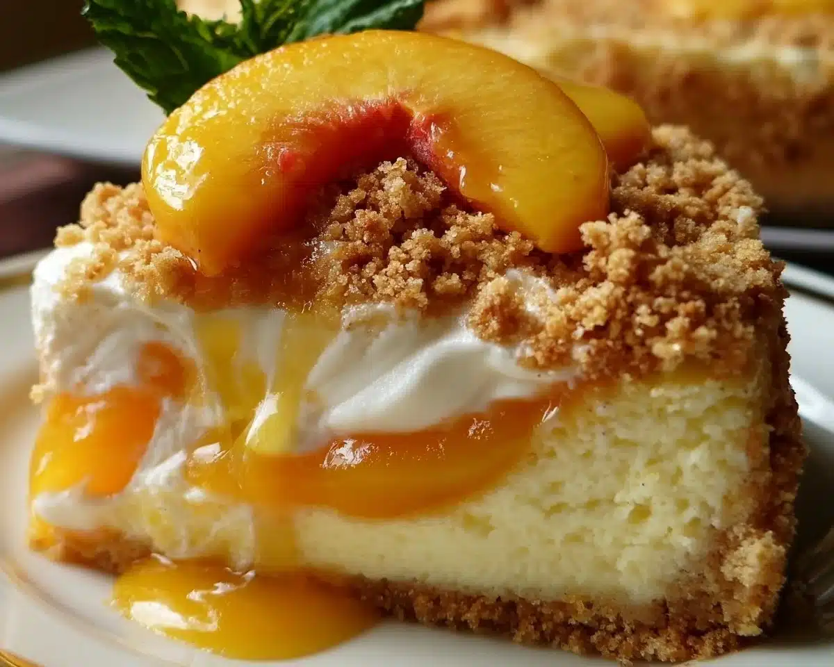 Delicious Peach Cobbler Cheesecake topped with fresh peaches and a crumbly crust