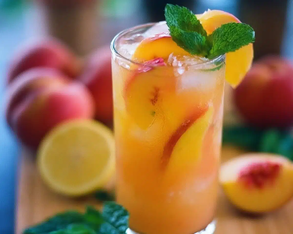 Refreshing glass of peach lemonade with fresh peaches and lemon slices
