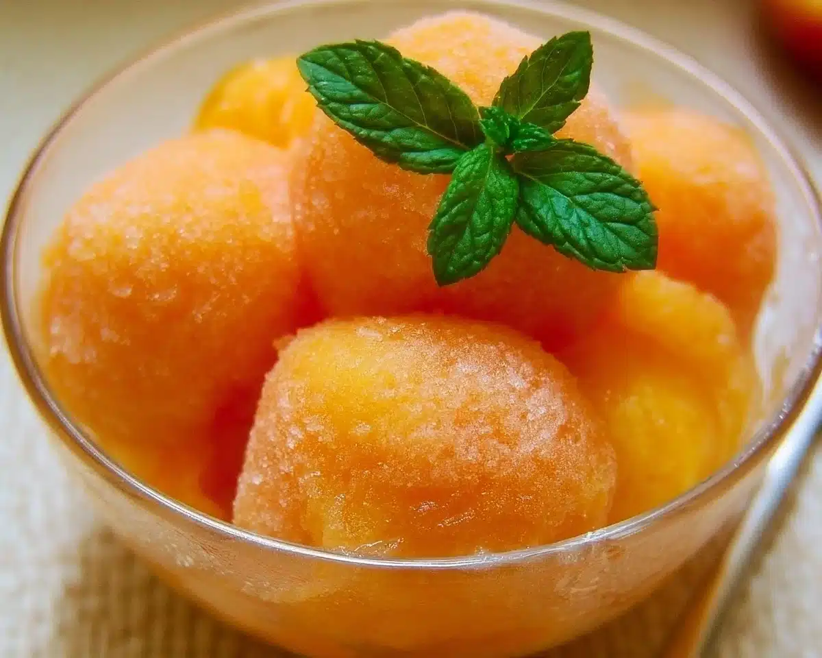 Delicious homemade Peach Sorbet in a bowl with fresh peaches on the side.