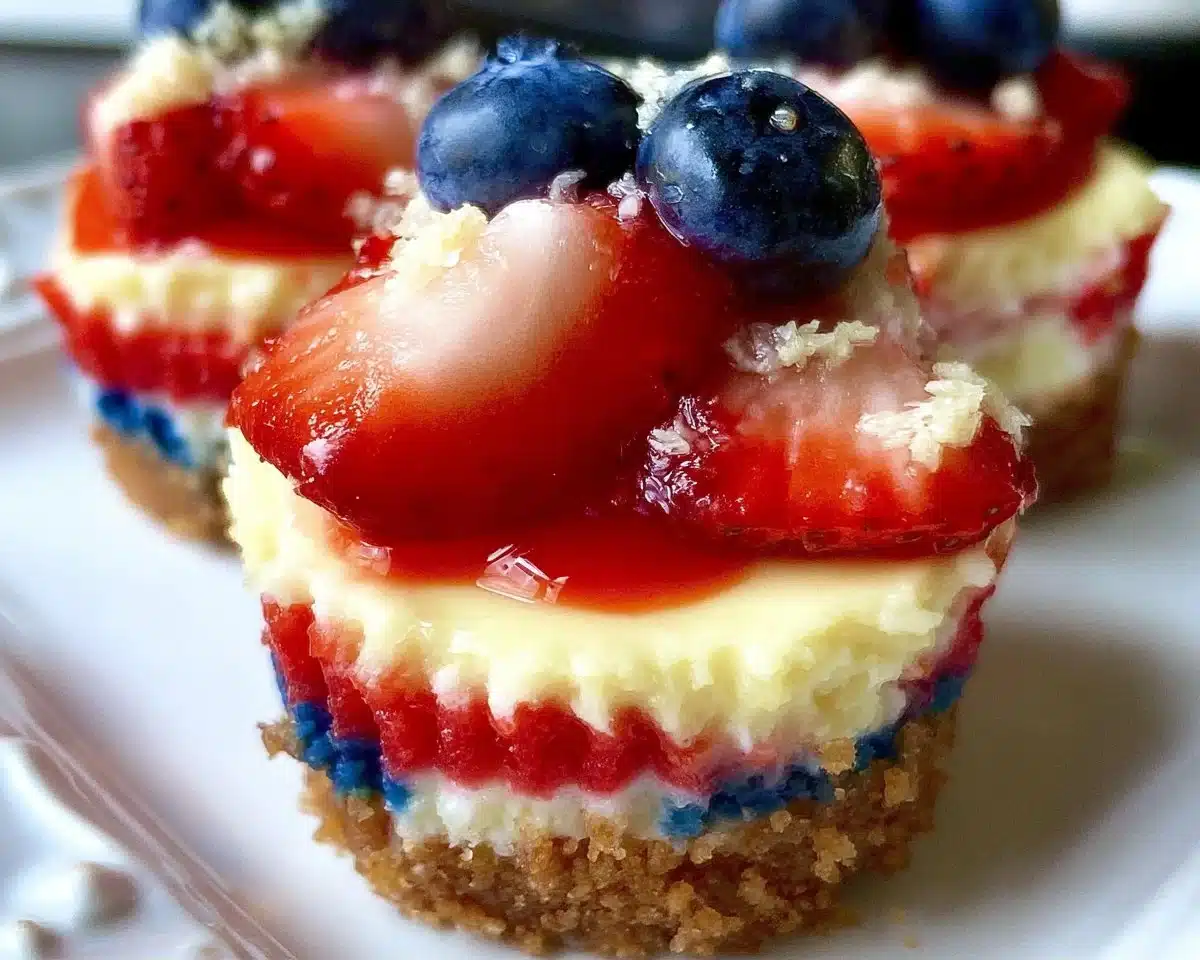Red, White and Blue Mini Cheesecakes topped with fresh berries and whipped cream