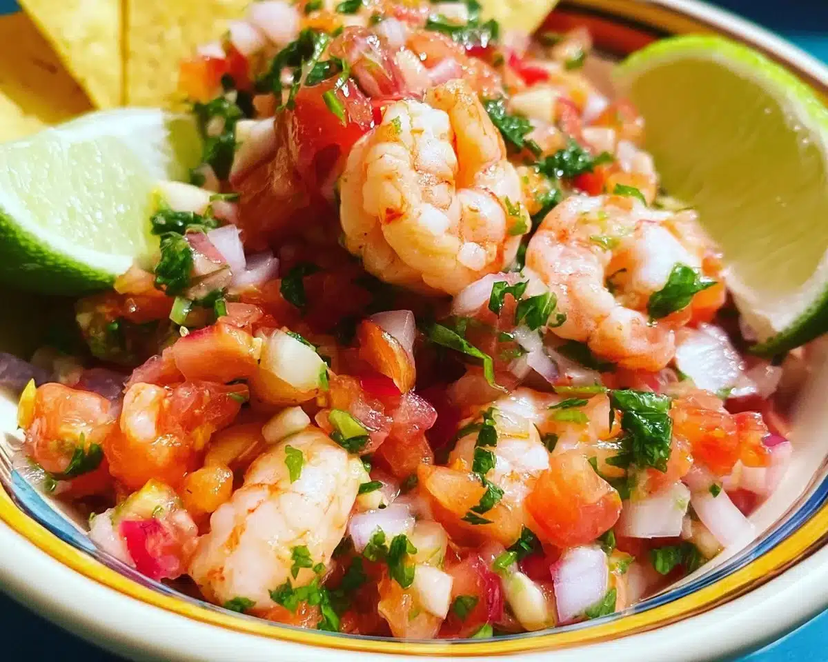 Fresh shrimp ceviche garnished with lime and cilantro served in a bowl