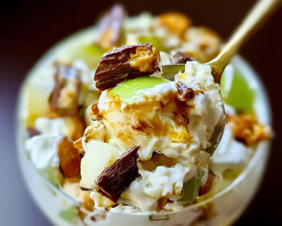 Delicious Snickers Apple Salad with apples, Snickers, and whipped cream