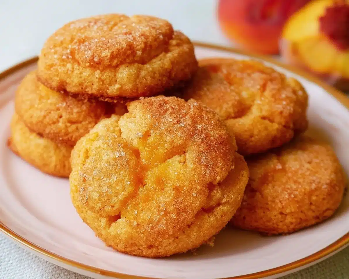 Freshly baked soft peach cookies on a cooling rack with peach slices.