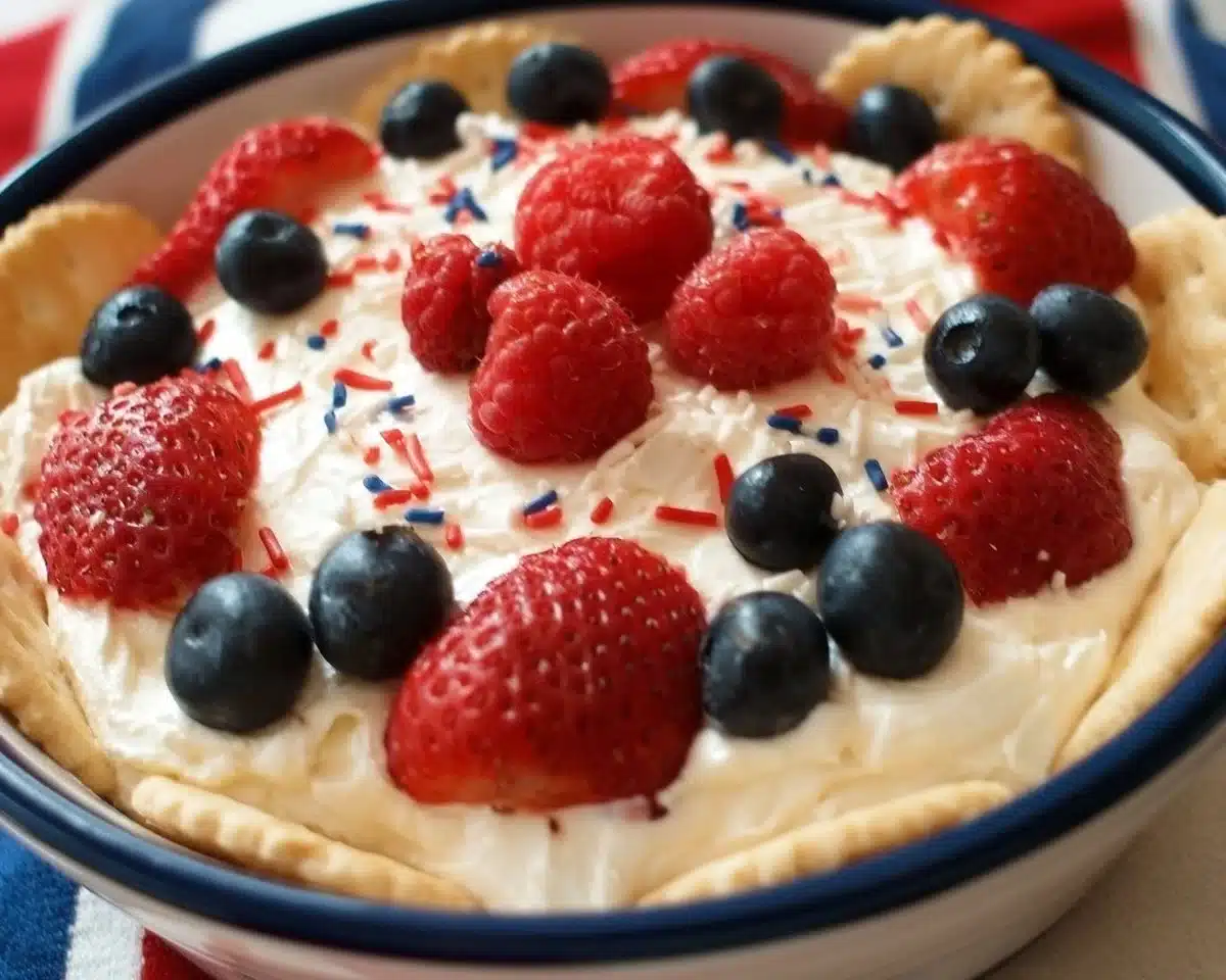 Star Spangled Cheesecake Dip served with fresh fruits and crackers